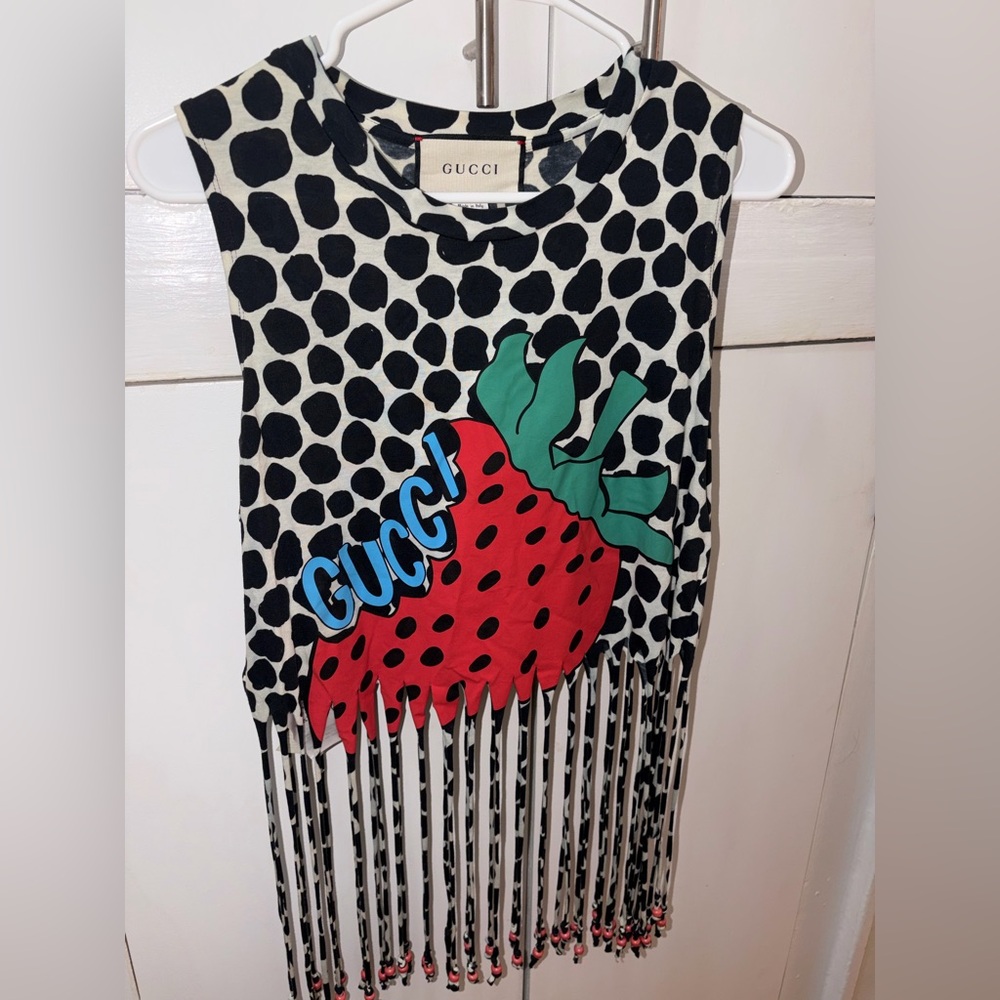 Gucci strawberry print tassel fringe tank top